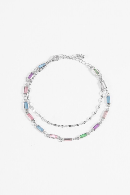 Tobillera doble dijes vidrio plateado