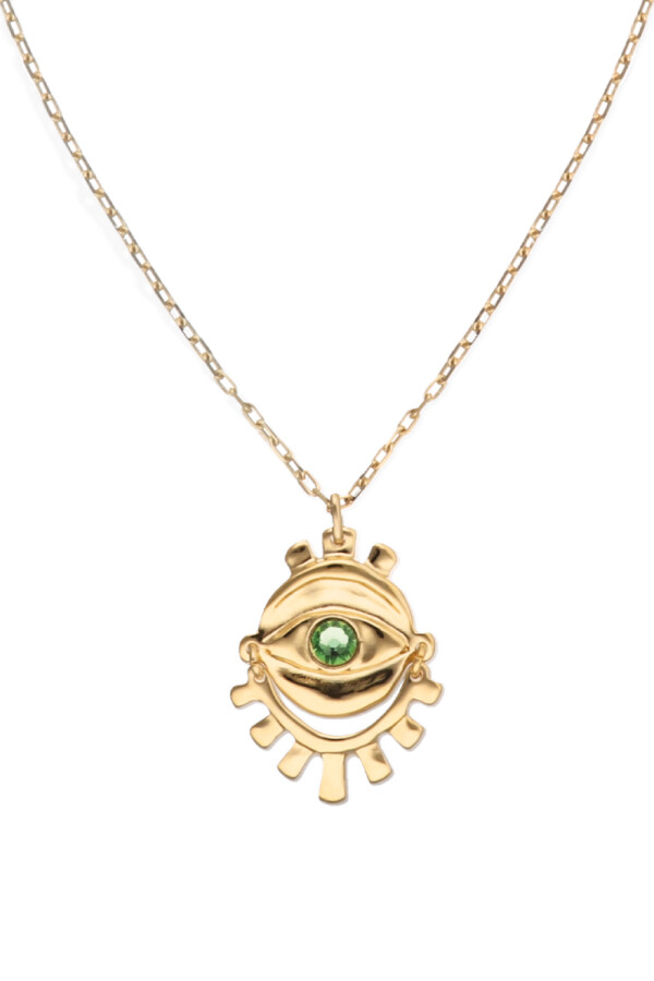 COLLAR LARGO DE ALEACION DE METALES BAÑADO EN ORO DE 18K CON DETALLE DE OJO Y CRISTAL FACETADO VERDE Colgante