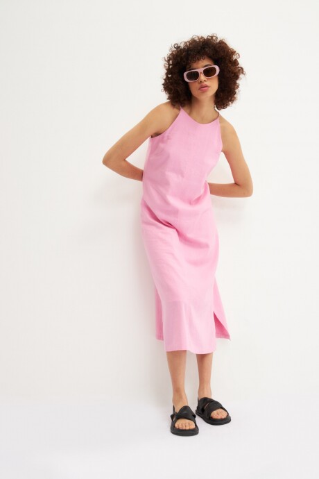 Maxi vestido de lino con tajos en laterales rosado