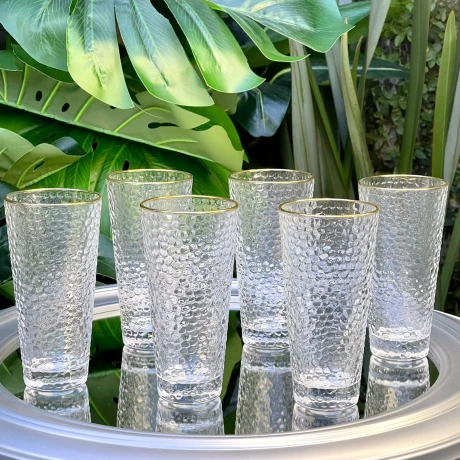 Juego De 6 Vasos Vidrio Facetado Con Borde Dorado 410ML Juego De 6 Vasos Vidrio Facetado Con Borde Dorado 410ML
