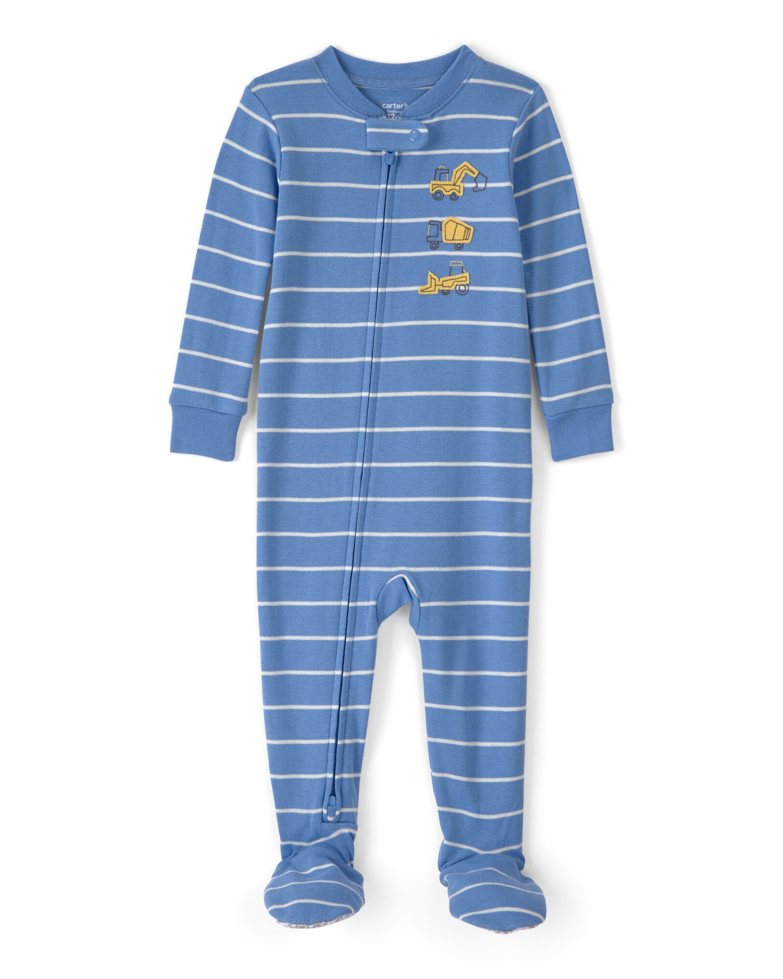 Pijama enterito de algodón con pie, azul, estampa camiones de construcción. Talles 2-5T Sin color