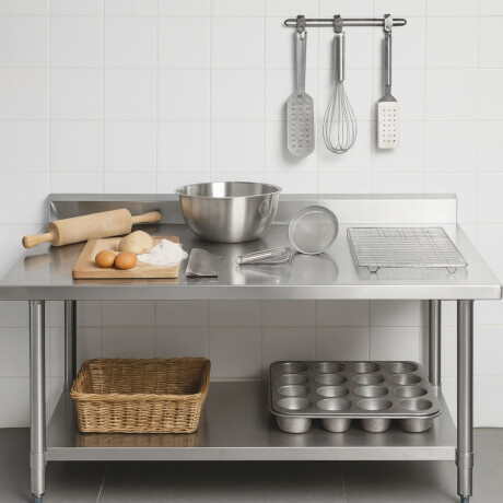 Mesada de Trabajo con Estante y Respaldo de Acero Inoxidable 150 x 60 x 85 cm Mesada de Trabajo con Estante y Respaldo de Acero Inoxidable 150 x 60 x 85 cm