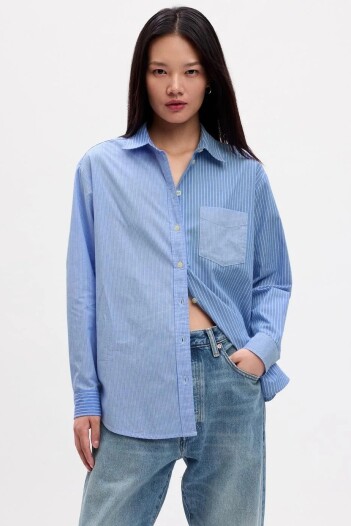 Camisa Poplin Oversize Mujer Tonal Blue Stripe