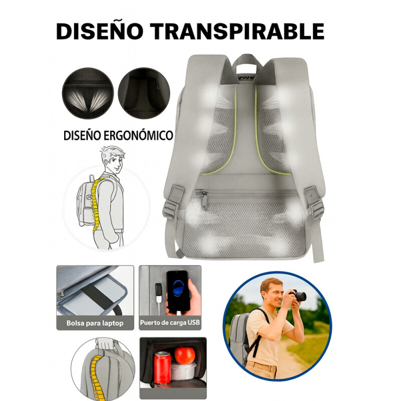 Mochila Lonchera Impermeable Porta Laptop Matein 1161 Gris