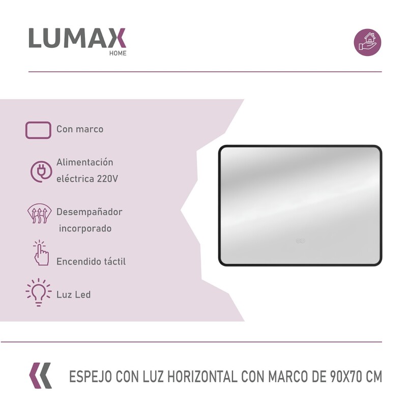 Espejo Horizontal Lumax c/marco desempañador y luz 90x70cm Negro