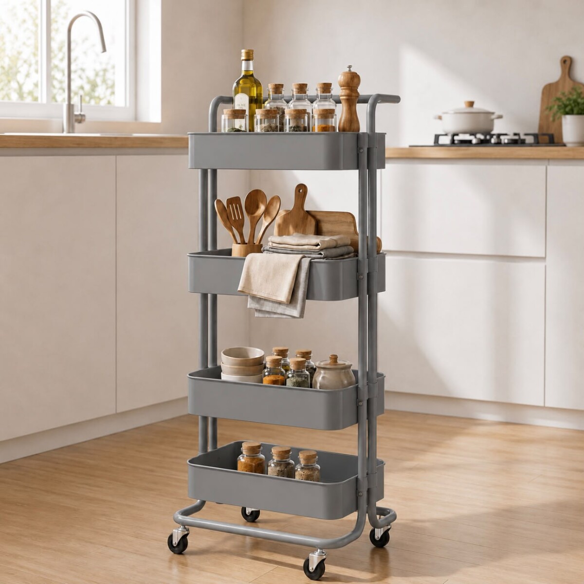 Carrito Organizador Metálico Multiuso Gris - 4 niveles 