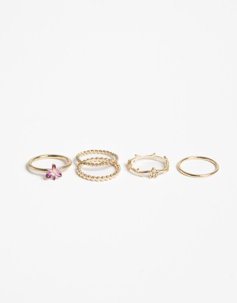 Sets Anillos Color Set De Anillos Metal Y Flor - Dorado