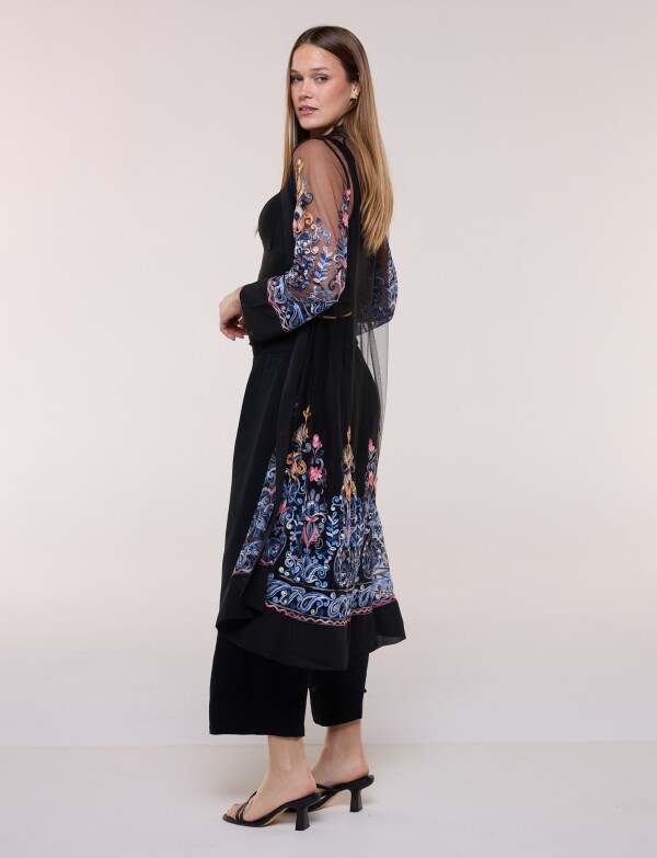 Cardigan Kimono Largo De Tul Bordado NEGRO/MULTI