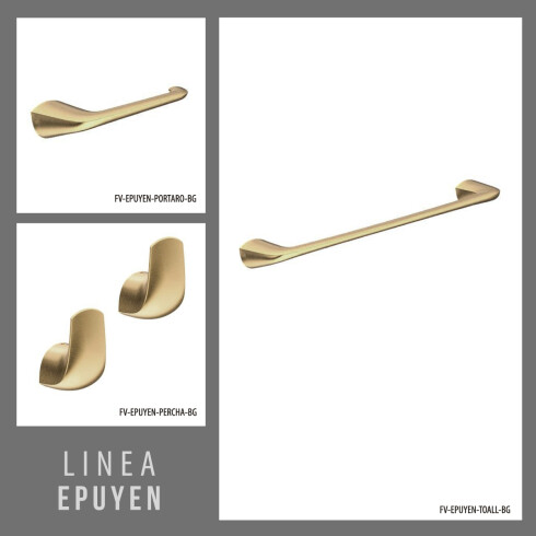 Set De Accesorios Oro Mate Linea Epuyenm Incluye 2 Perchas, Portarollo Y Toallero Barral 40 Cm. 000