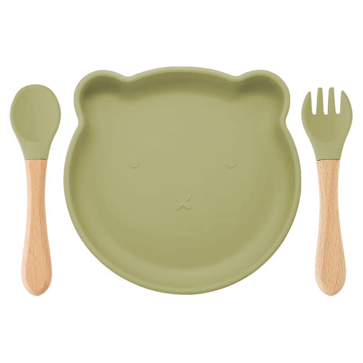 Set Comida Bebé Plato Cuchara Tenedor en Silicona Diseño Oso - Verde 