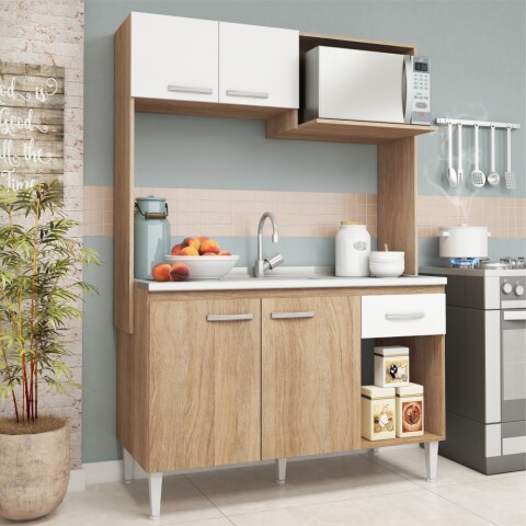 Kit de cocina compacta 4 puertas 1 cajón Patas Ajustables y Rieles Metálicos 122 x 52 x 187cm Carvale / Blanco