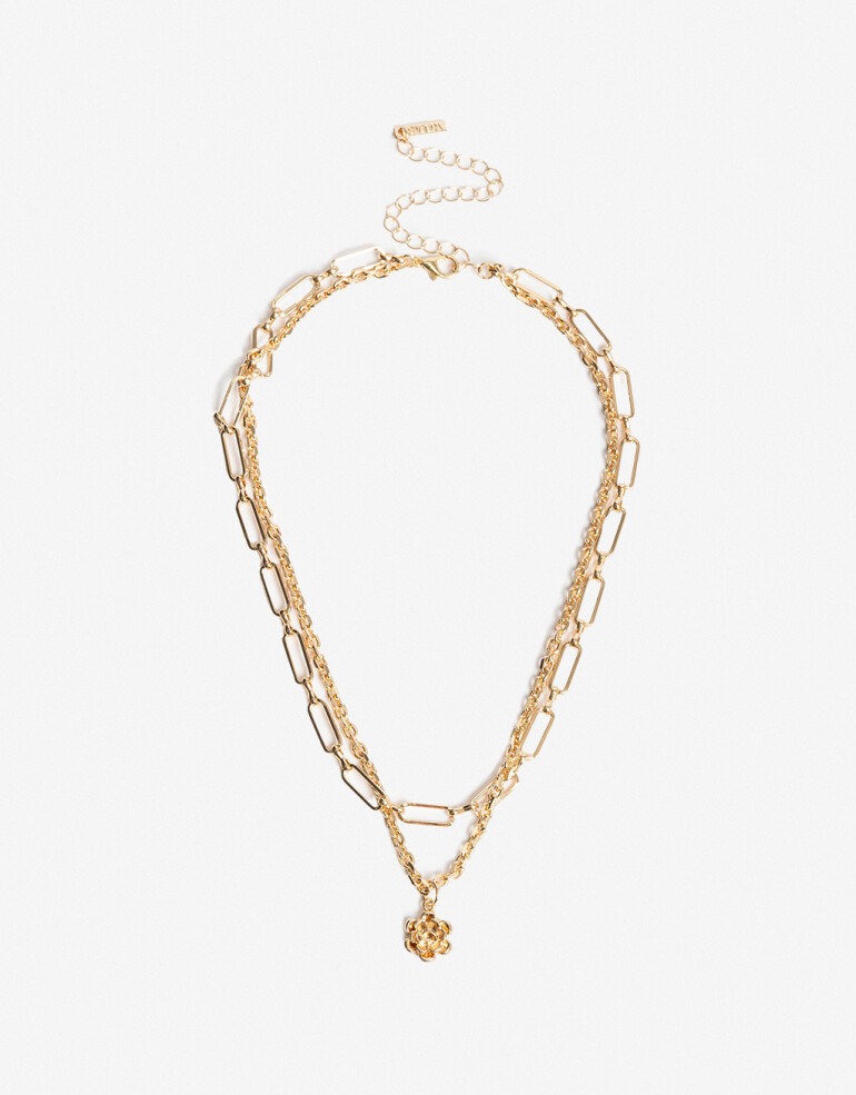 Collares Cortos Con Dijes Collar Corto Multicadena Flor - Dorado
