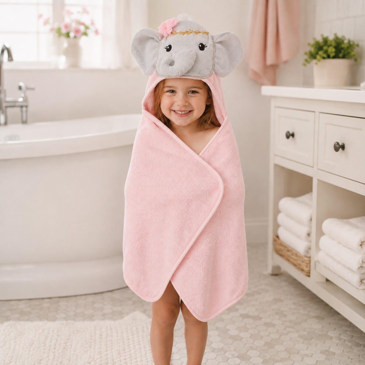 Toalla Infantil con Capucha 76x76cm - Elefante Rosa 