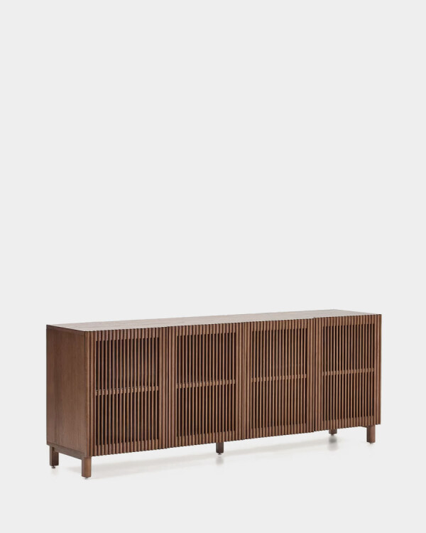 Aparador Beyla 4 puertas de chapa y madera maciza de fresno con acabado tono nogal 180 x 71,5 cm Aparador Beyla 4 puertas de chapa y madera maciza de fresno con acabado tono nogal 180 x 71,5 cm