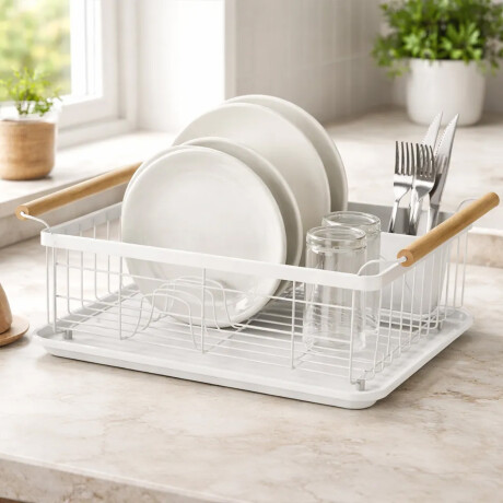 Escurridor Vajilla Metal c/ Asas Madera Bandeja y Cubiertero Blanco