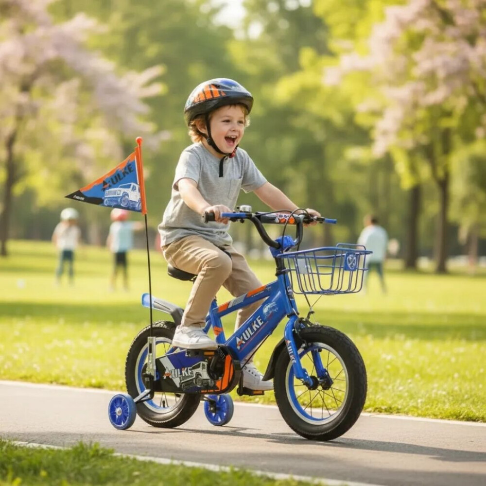 Bicicleta Rodado 12 Con Banderita, Rueditas Y Casco AZUL