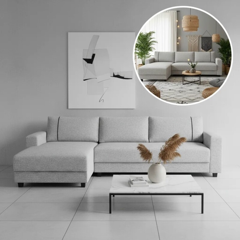 Sofá 3 Cuerpos + Chaise Derecho -Tela gris con puntos negros y crudos Sofá 3 Cuerpos + Chaise Derecho -Tela gris con puntos negros y crudos