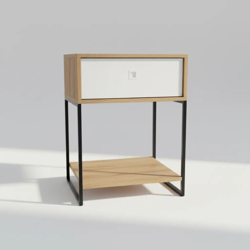 Mesa de luz con 1 cajón y 1 estante. Color miel con blanco. Metal negro Mesa de luz con 1 cajón y 1 estante. Color miel con blanco. Metal negro