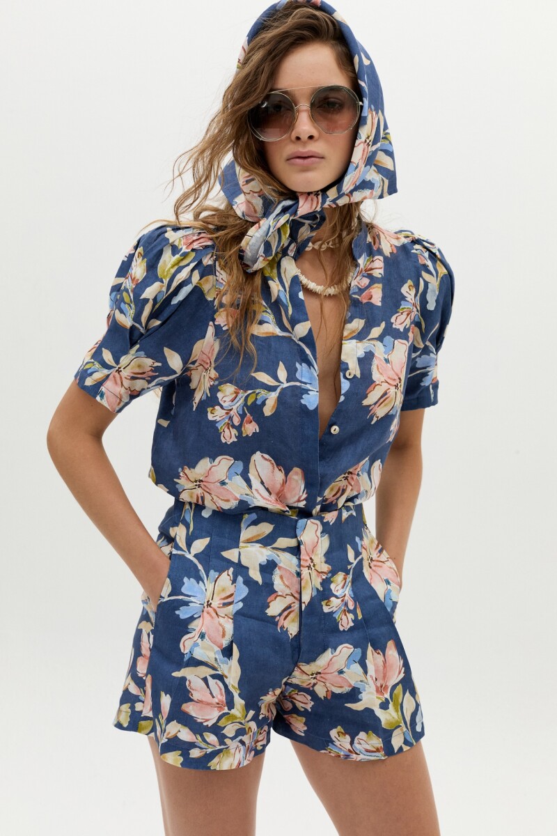 Short Frida en Lino Blue Poppy Print