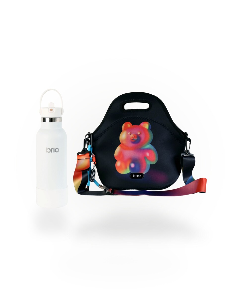 Set de lunchera Big de neopreno con correa ajustable y botella de acero inoxidable 500ml brio - set teddy/blanco 