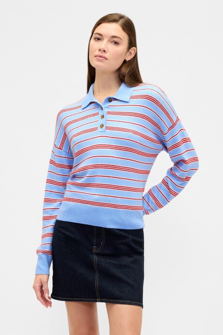 Buzo Cashsoft Tipo Polo Mujer Blue Red Stripe