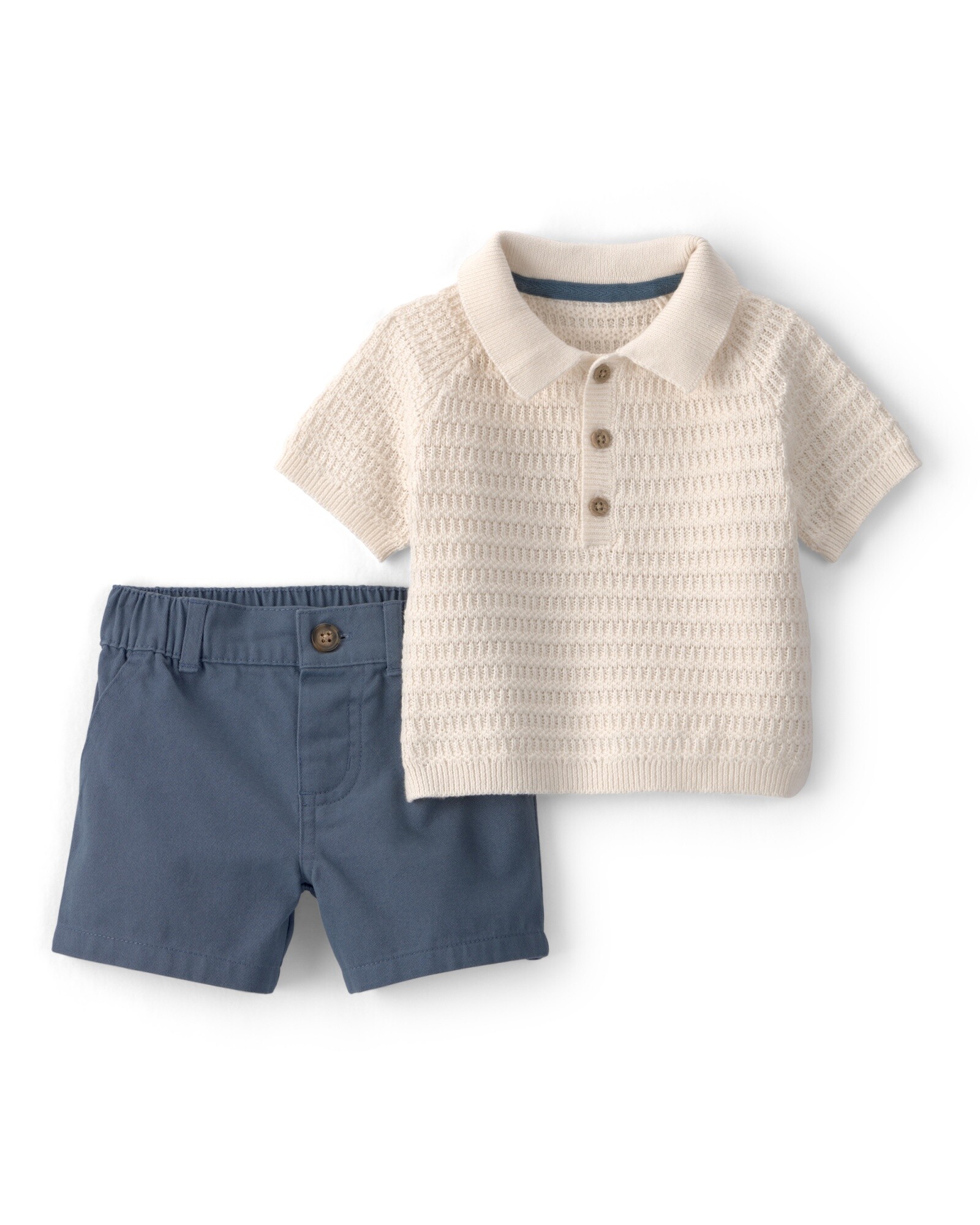 Set dos piezas de algodón, short azul y remera polo crema Sin color