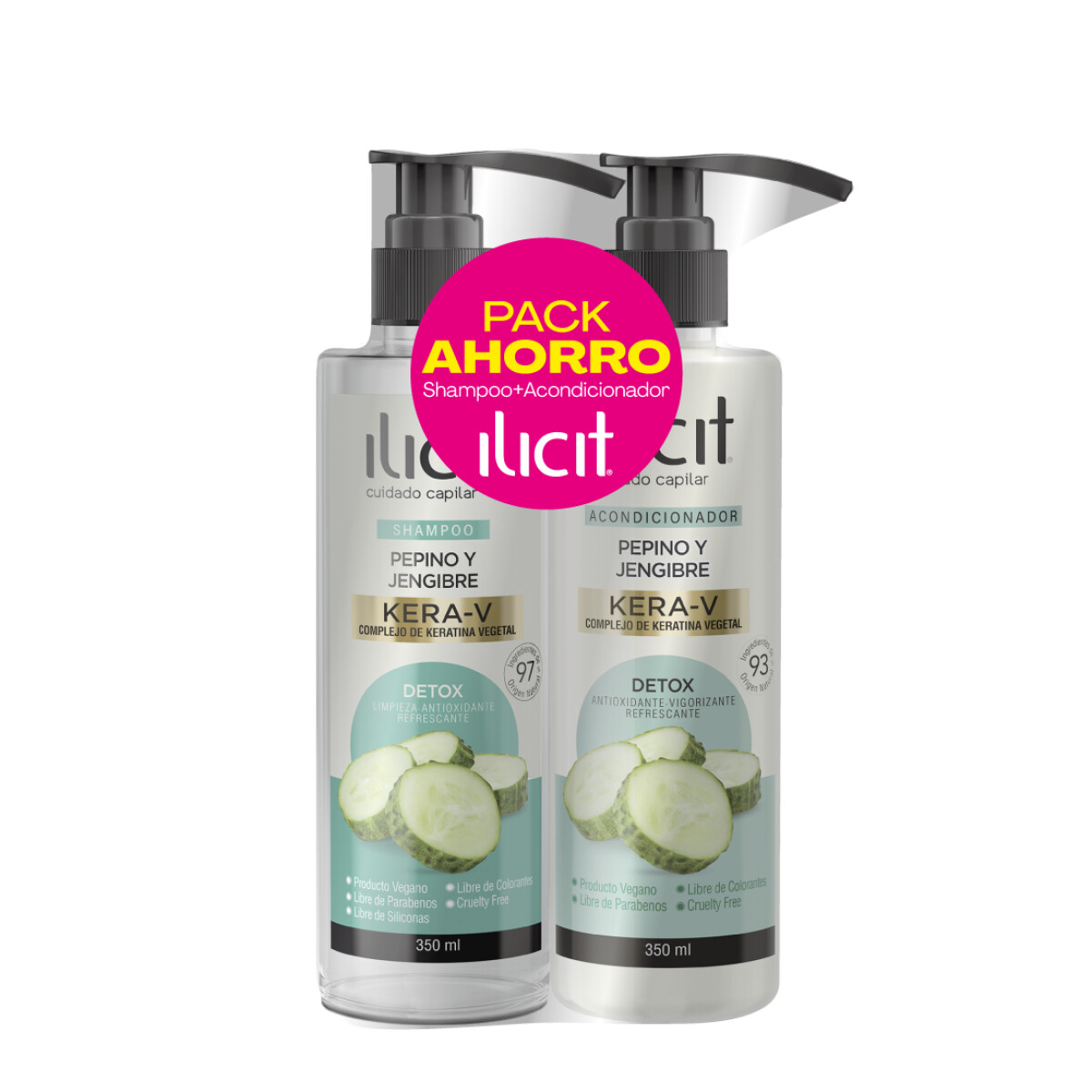 Pack Ilicit Shampoo 350 ml + Acondicionador 350 ml - Detox pepino y jengibre 