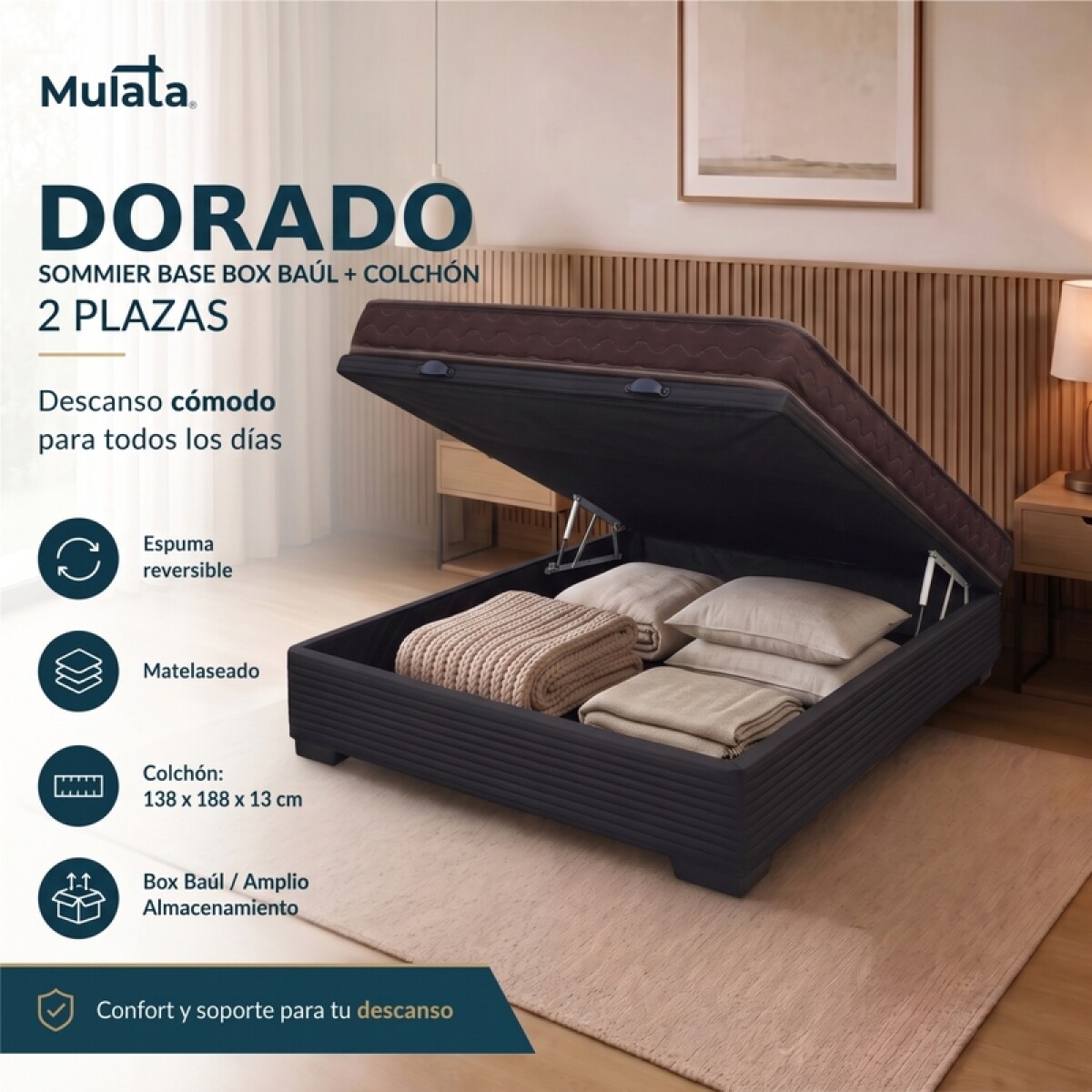 Sommier Baúl 2 Plazas Negro con Colchón Dorado 138 x 188 Firmeza Media 