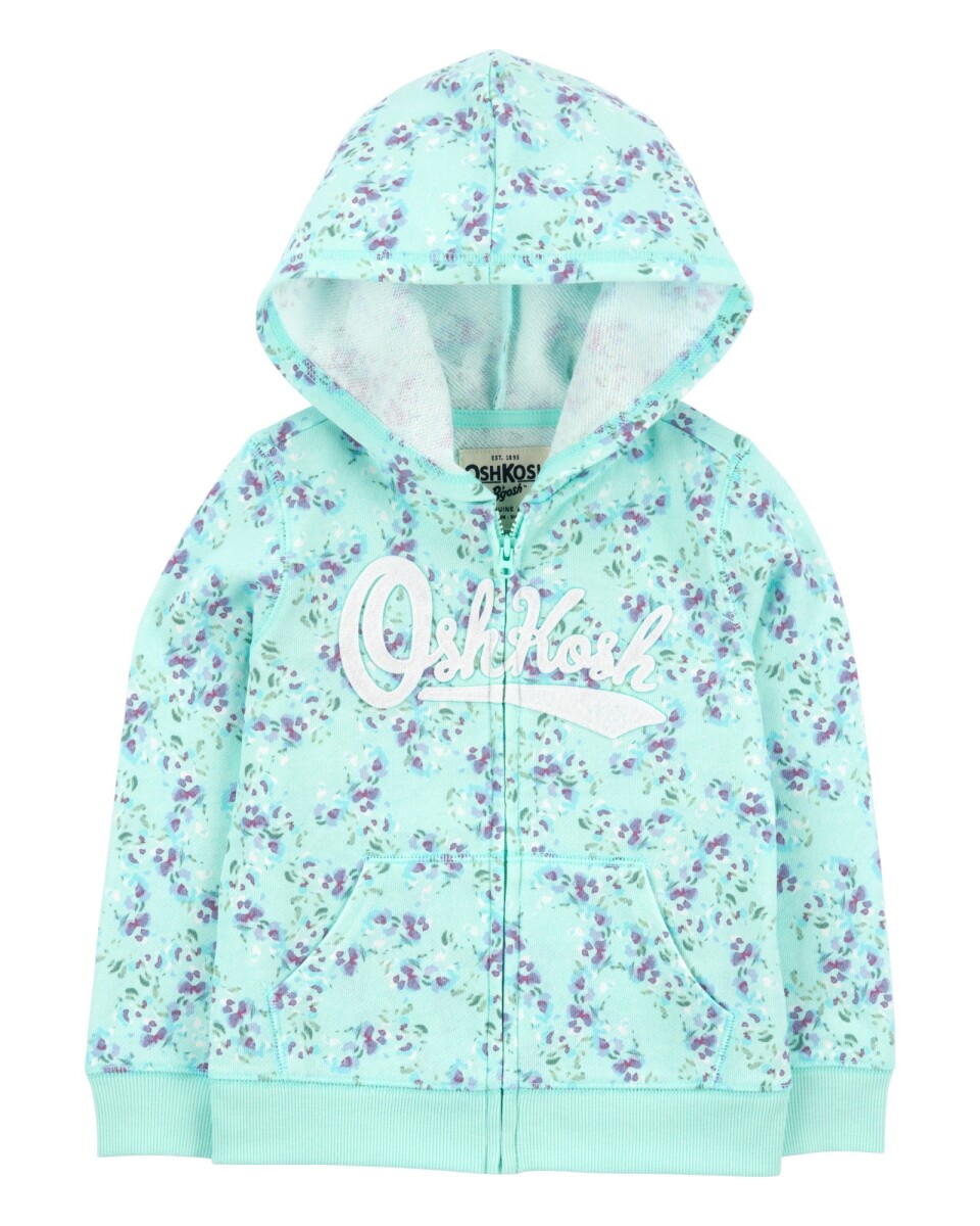 Campera de algodón, con capucha y logo, diseño floral. Talles 2-5T 