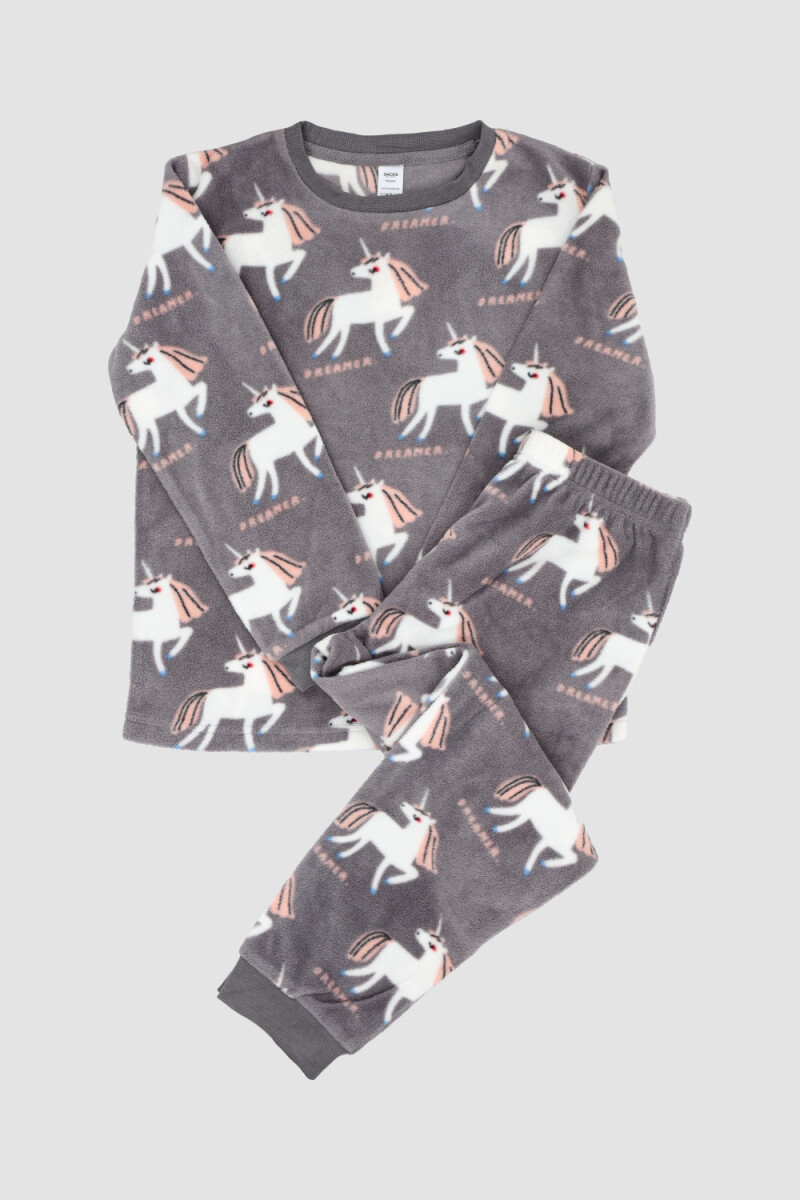 Pijama infantil polar unicornios - Gris melange 