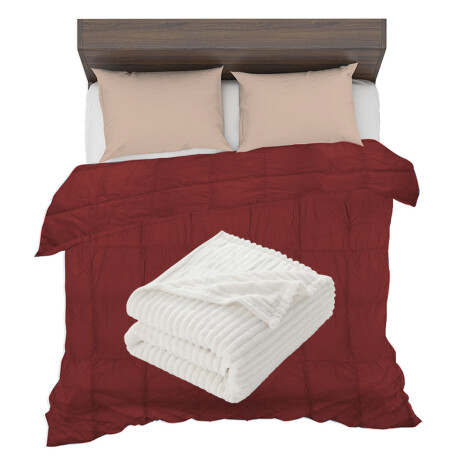 Set Invierno Acolchado Plumas King + Manta Frazada Polar Bordó