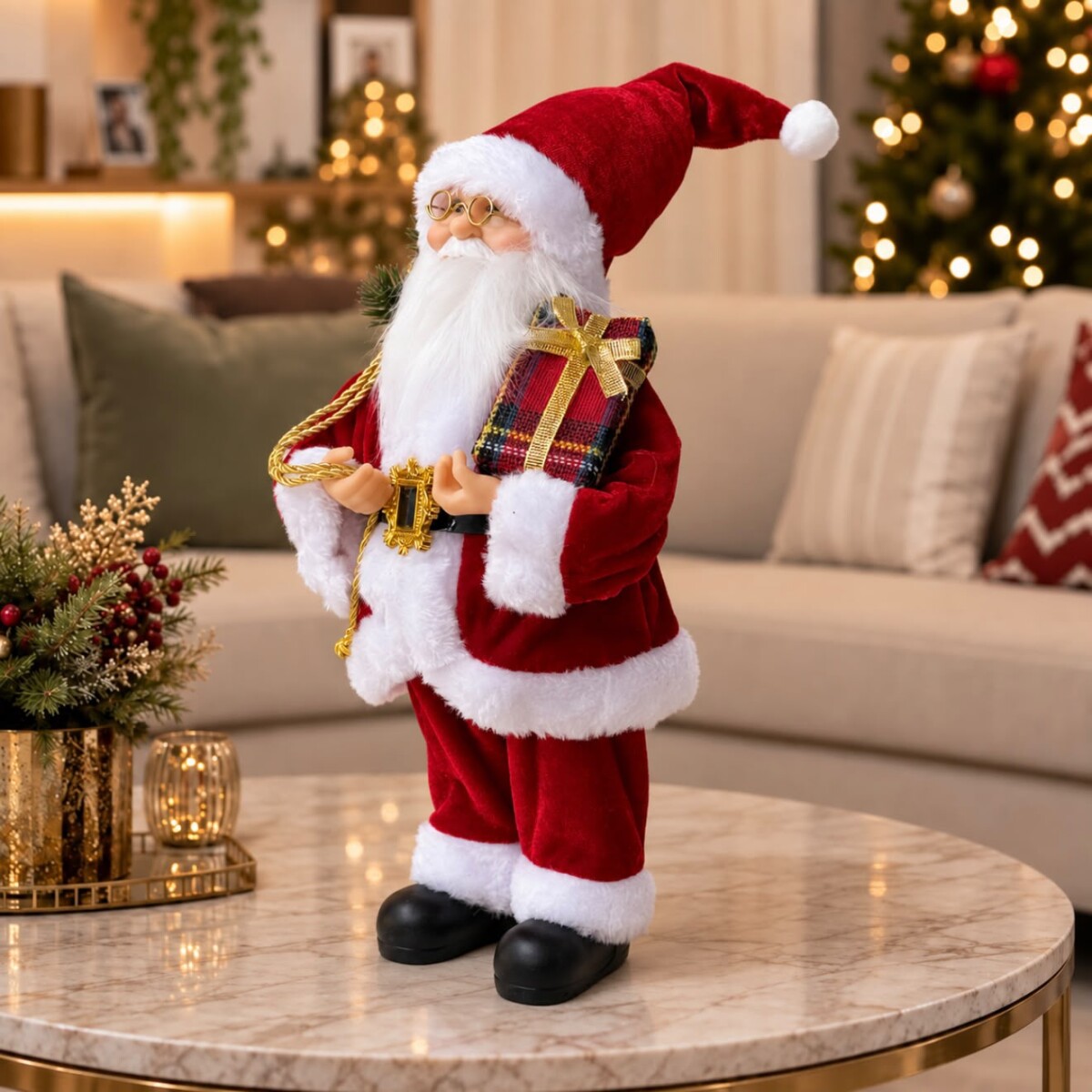 Papá Noel Decorativo Navideño con Bolsa de Regalos - Altura 30cm 
