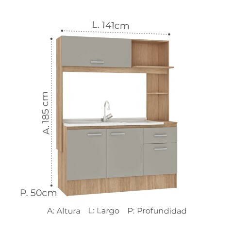 Kit de cocina compacta 4 puertas 1 cajón Patas Ajustables 141 x 50 x 185 cm Carvale / Cinza