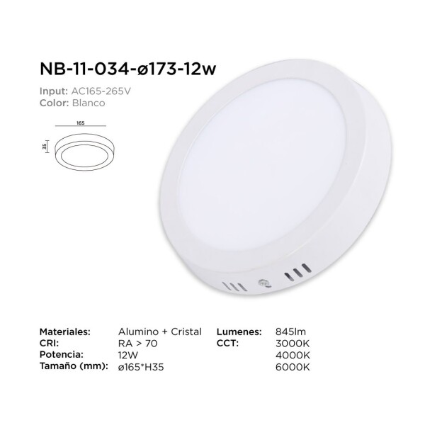 Panel Led 12W Plafon RedondoTecho Spot Luz Neutra Gtia Variante Color Blanco