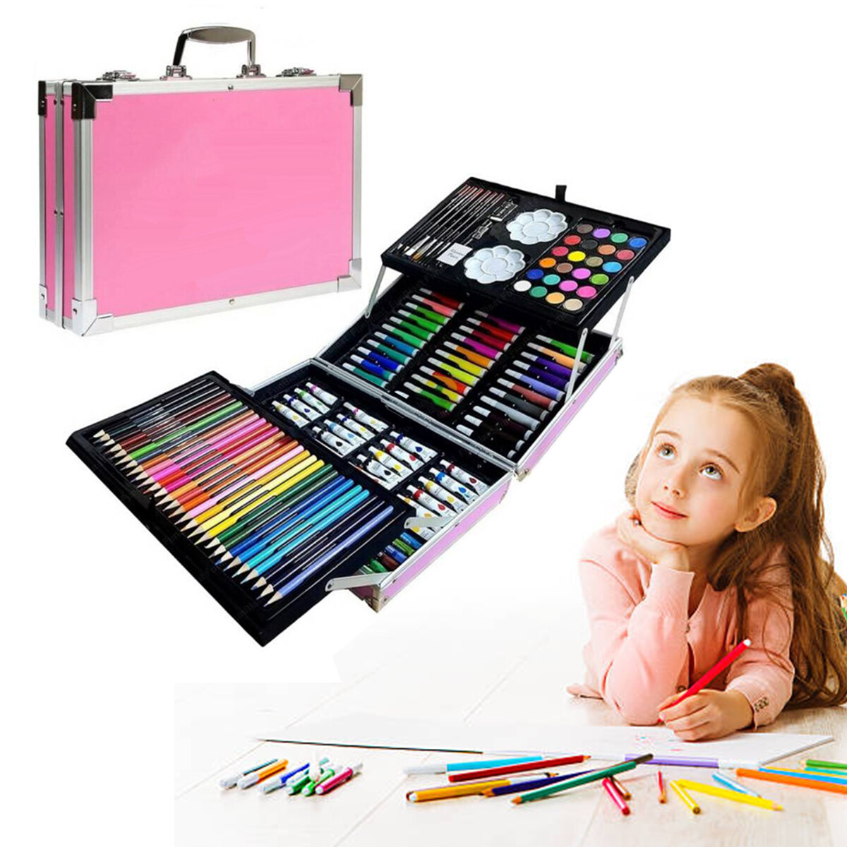 Valijita con colores 145 Piezas Marcadores Pinturas Pinceles - Rosa 