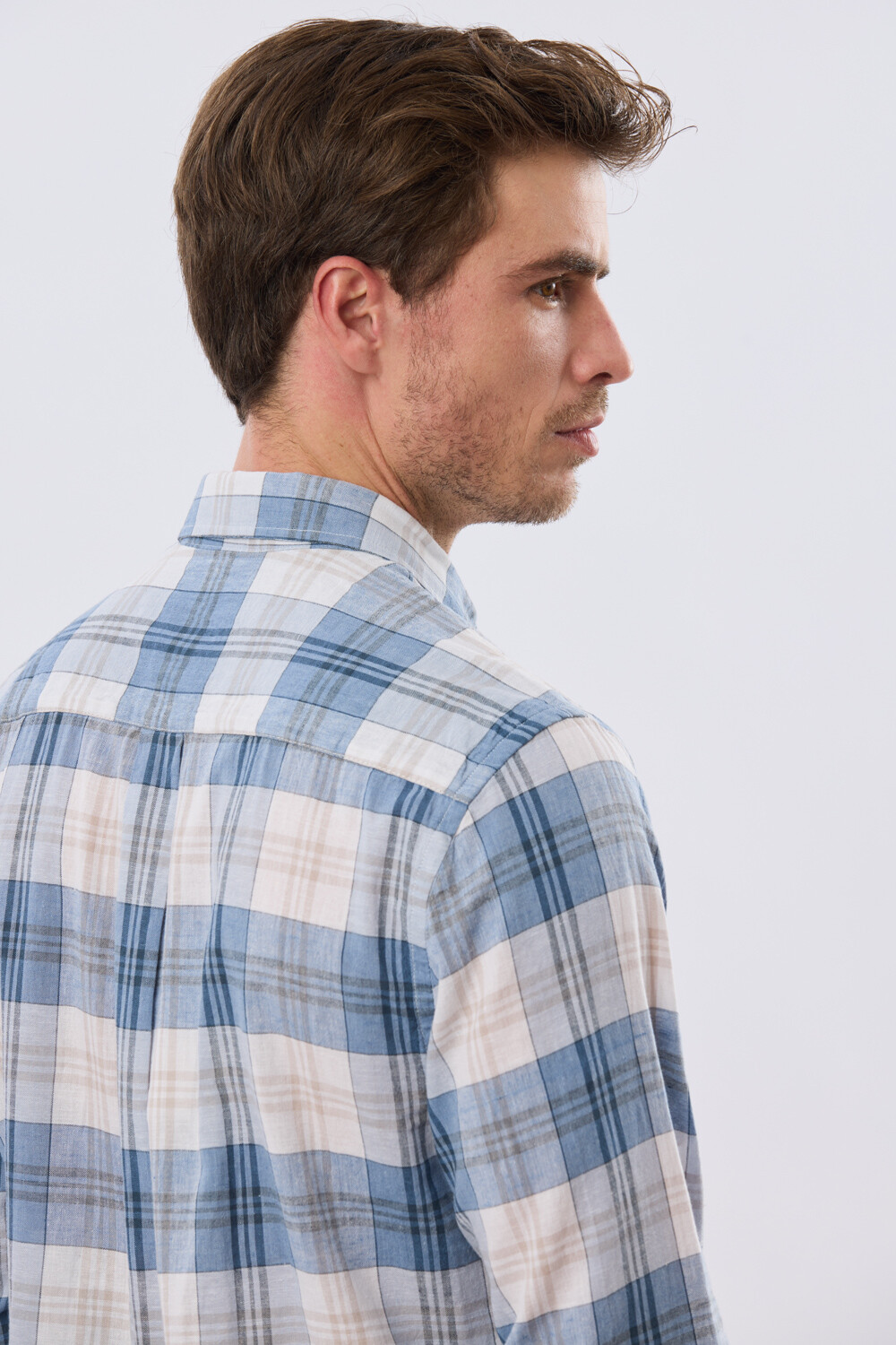 CAMISA CUADROS DE LINO Celeste