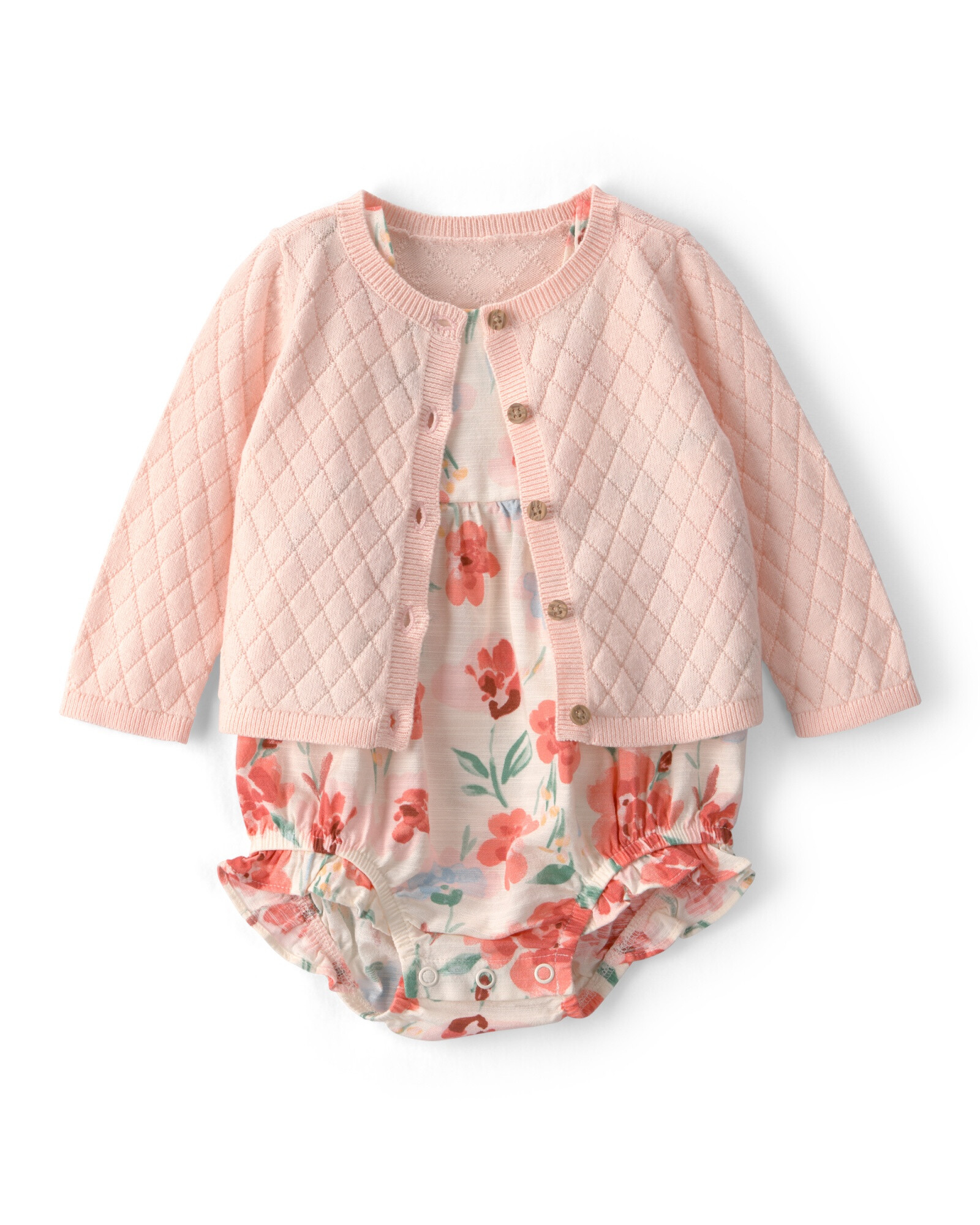 Set dos piezas, body bombachudo de viscosa y saco de algodón, diseño floral Sin color