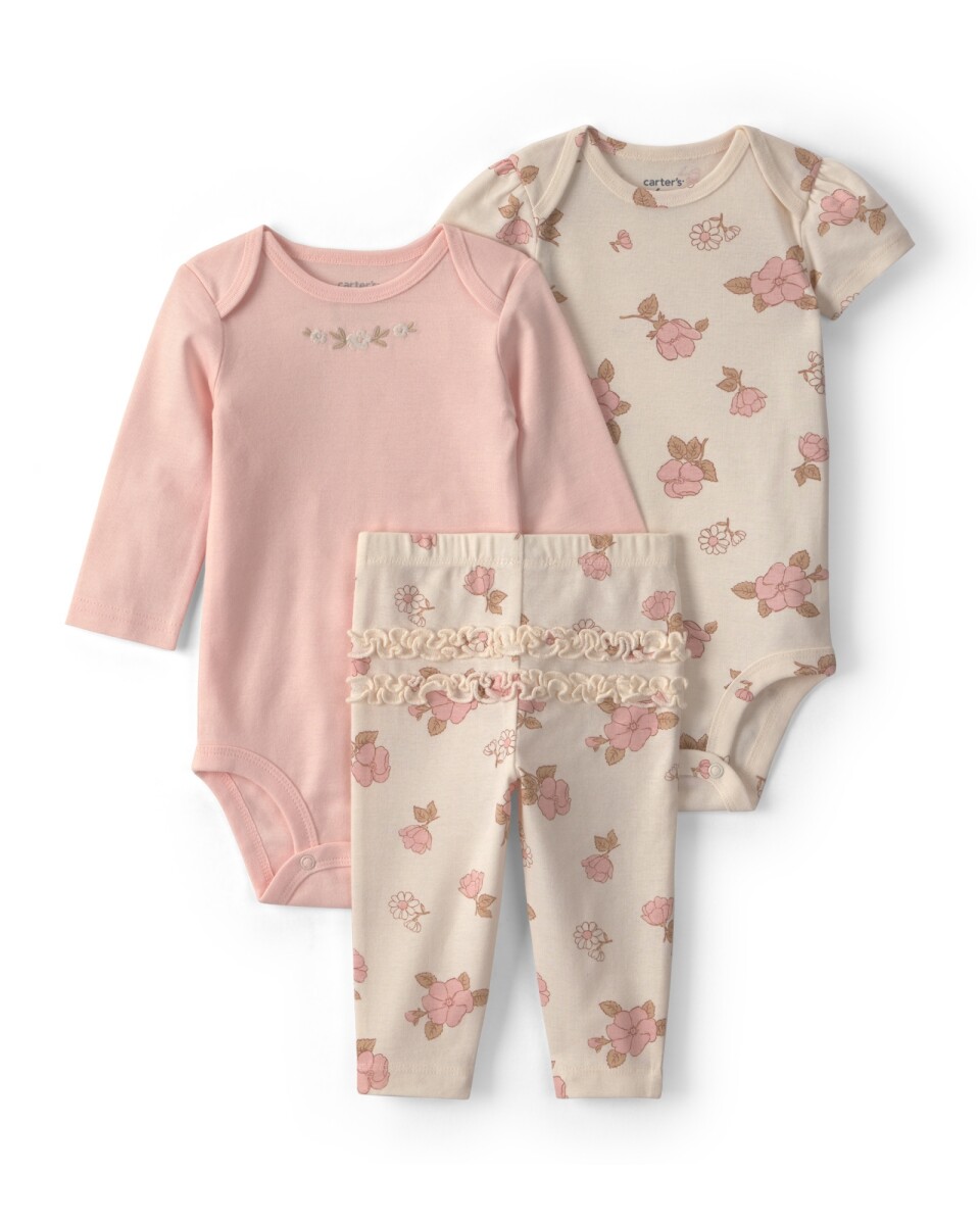 Set tres piezas de algodón, pantalón y bodies, rosado y crema, diseño floral 
