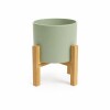 MACETA CERÁMICA M CON SOPORTE DE MADERA VERDE AGUA