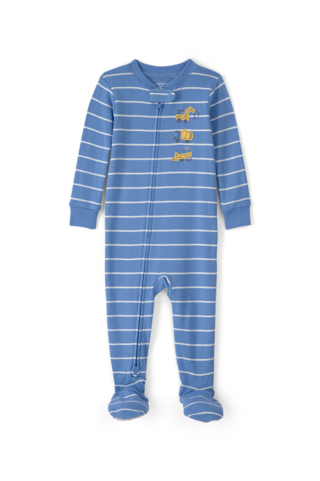Pijama enterito de algodón con pie, azul, estampa camiones de construcción. Talles 12-24M Sin color
