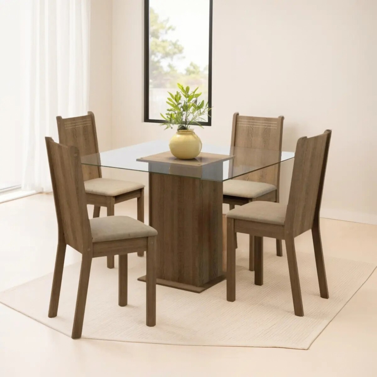 Juego de comedor con mesa de vidrio y 4 sillas rústicas 