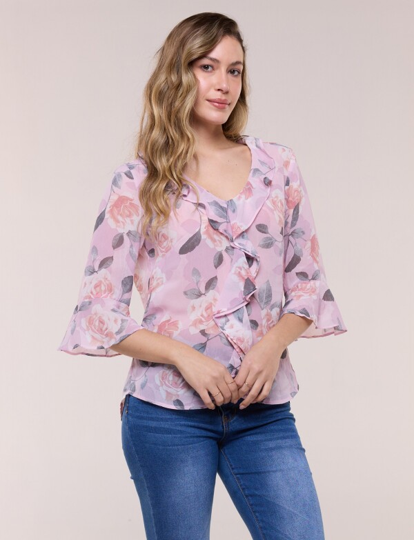 Blusa Con Escote En V Y Volados En Cascada ROSA/MULTI