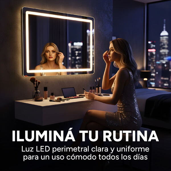 Espejo Rectangular Baño Táctil 3 Modos Retroiluminado 90X70 Rectangular