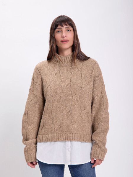 Sweater tejido cuello camisa Tostado