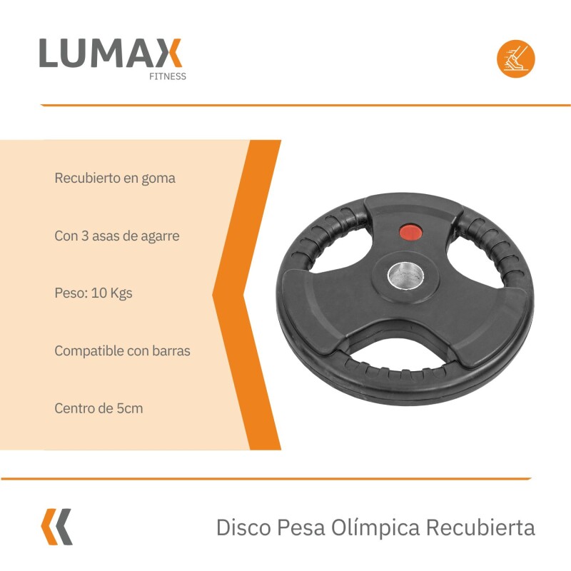 Disco Pesa Olímpica Recubierta Lumax con 3 Agarres 10KG Disco Pesa Olímpica Recubierta Lumax con 3 Agarres 10KG