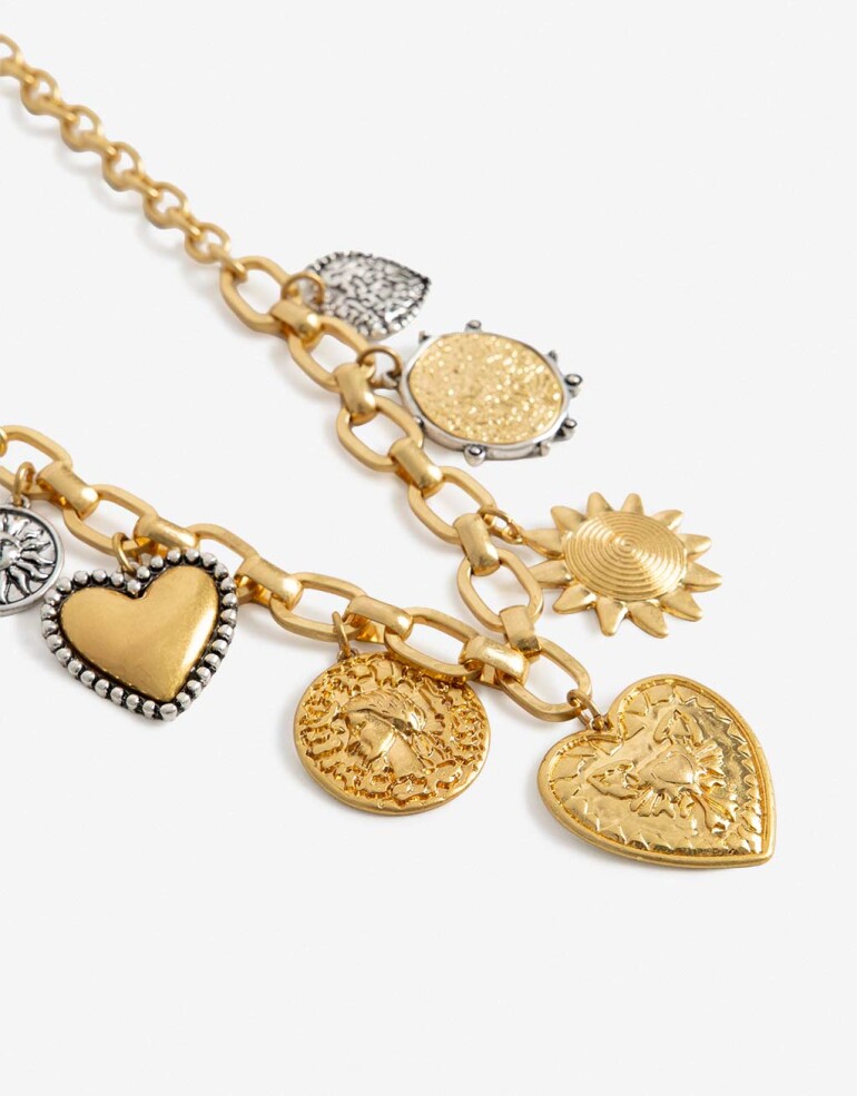 Collares Cortos Metal Collar Corto Multidijes Monedas Y Corazón - Dorado Oro Amarillo
