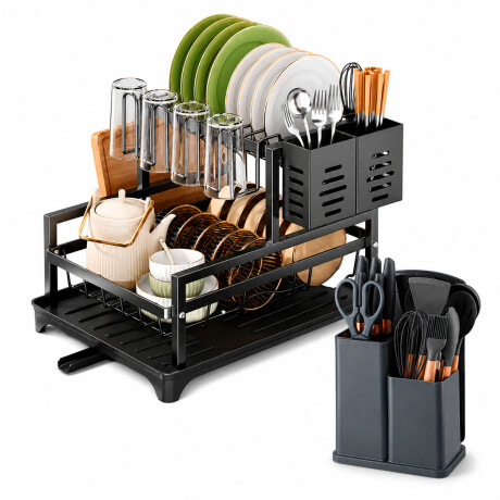 Set Utensilios Cocina 19Pz + Escurridor 2Niv Drenaje Autom Gris