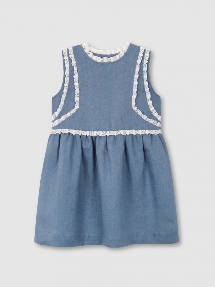 Vestido Lino Con Tiras Bordadas En Contr Azul Medio Claro