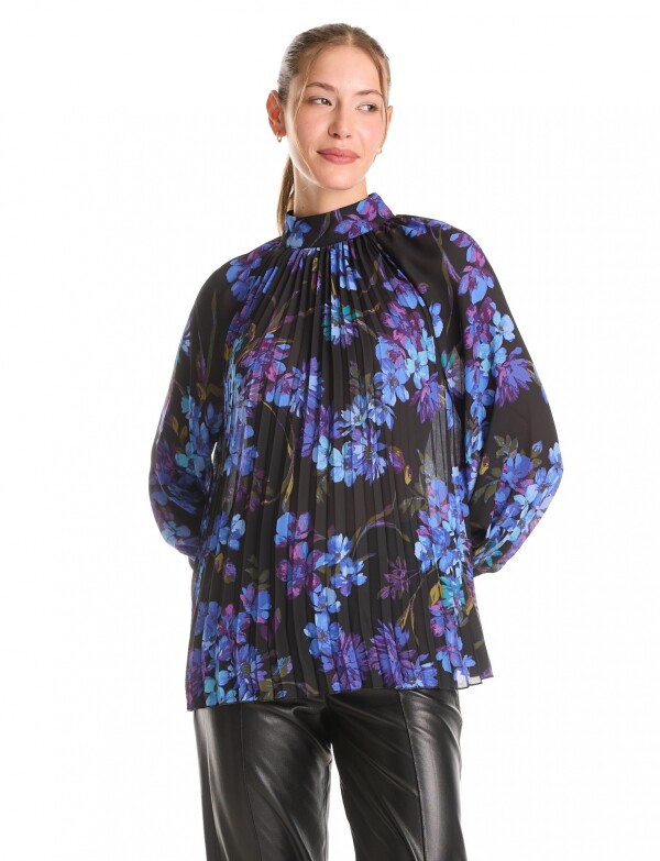 Blusa Mock Neck Plisada NEGRO/MULTI