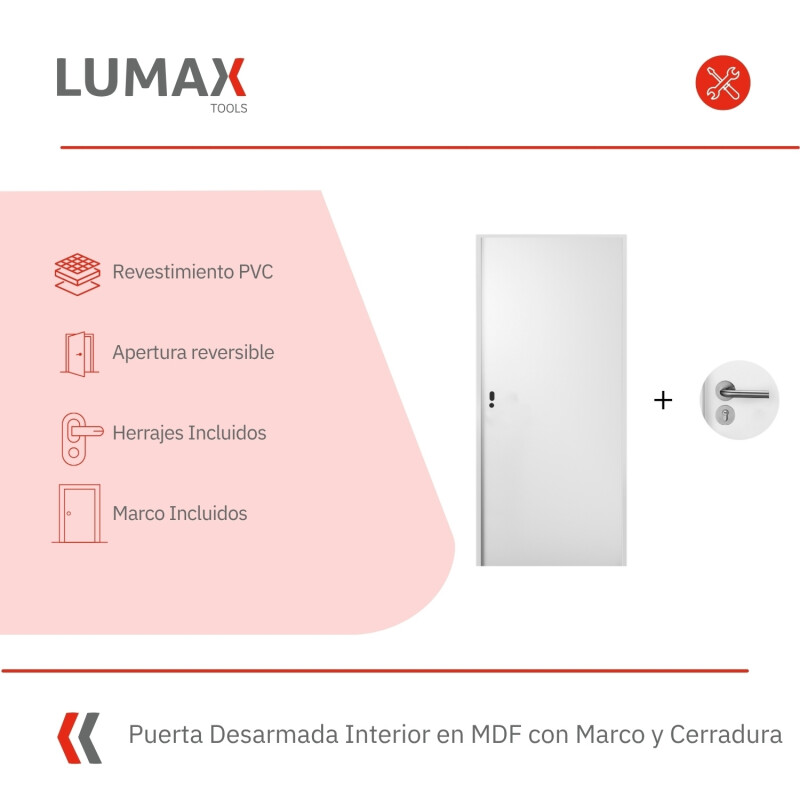 Puerta Desarmada Interior en MDF con Marco y Cerradura Lumax Blanca lisa Herraje Plateado